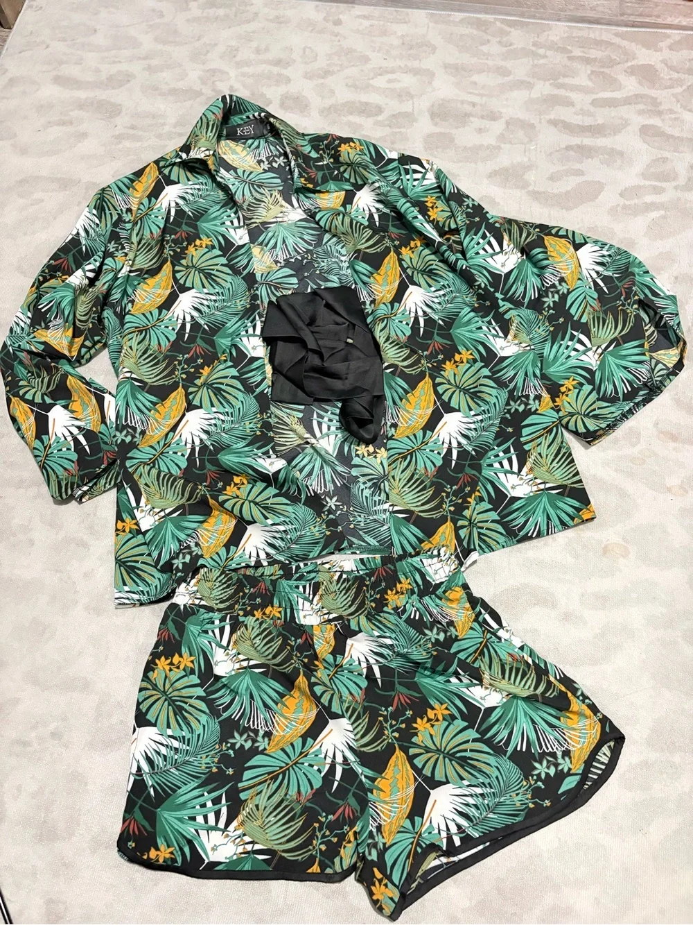 KEY CoutureTropical Print Pajama Set - Green, White & Mustard - Picture 1 of 4